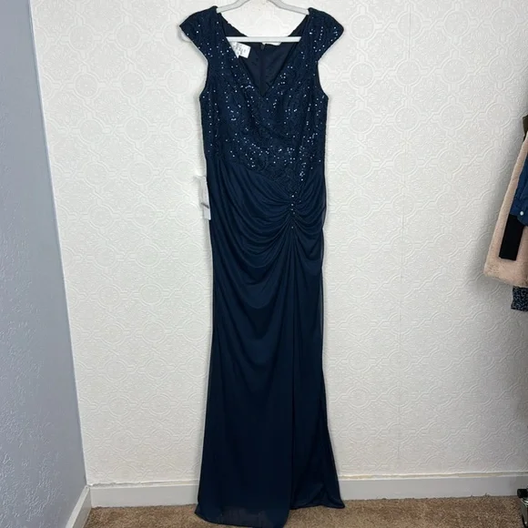 NWT Azazie Helen Mother Of The Bride Dark Navy Blue Maxi Dress Sequin Vneck - Picture 3 of 9